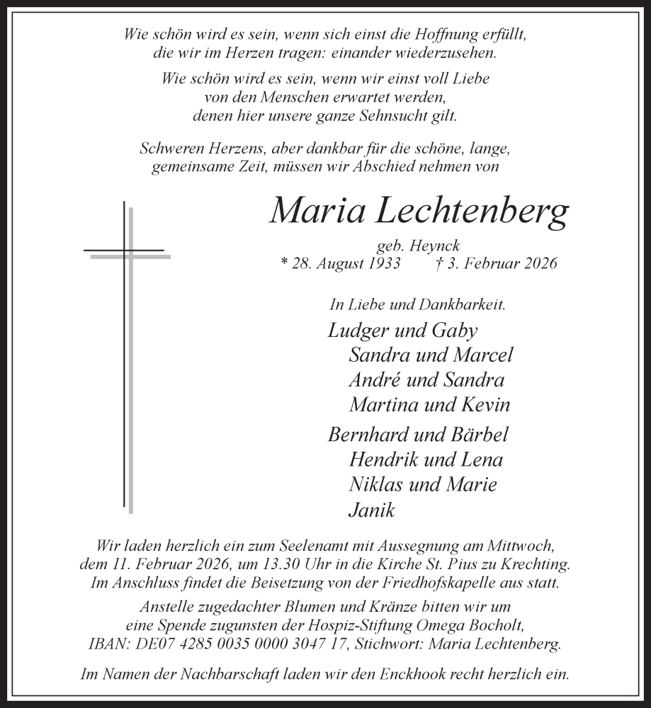  Traueranzeige für Maria Lechtenberg vom 07.02.2026 aus 