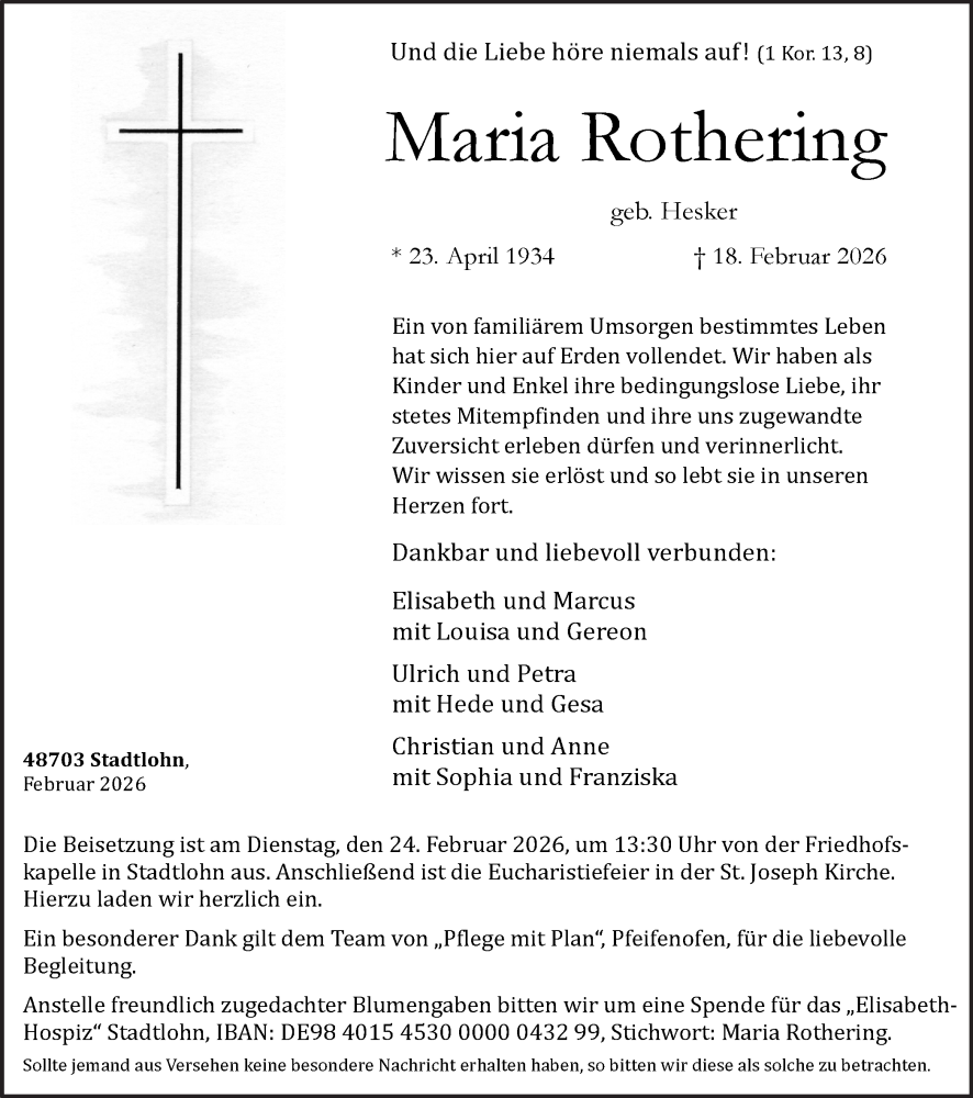  Traueranzeige für Maria Rothering vom 21.02.2026 aus Münsterland Zeitung