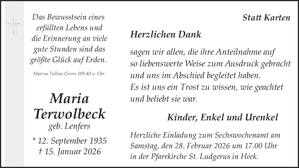 Traueranzeige für Maria Terwolbeck vom 21.02.2026 aus Münsterland Zeitung
