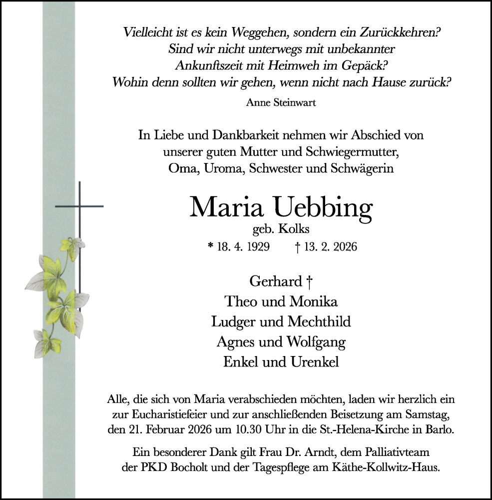  Traueranzeige für Maria Uebbing vom 18.02.2026 aus 
