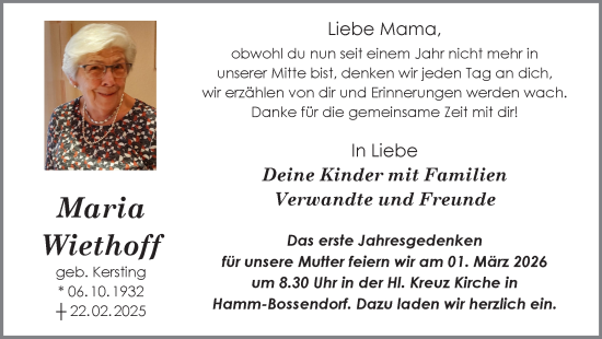 Traueranzeige von Maria Wiethoff von Ruhr Nachrichten und Halterner Zeitung