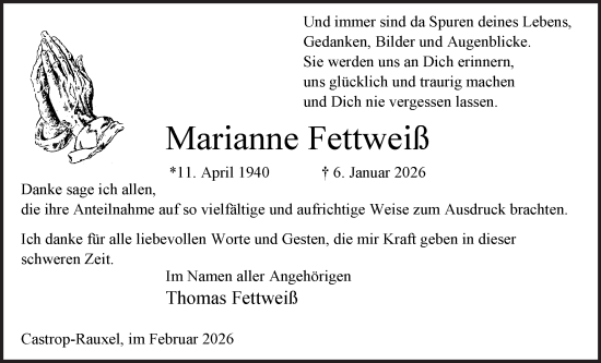 Traueranzeige von Marianne Fettweiß von Stadtanzeiger Castrop-Rauxel