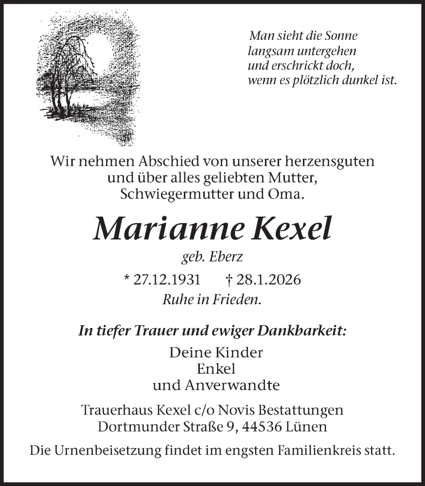  Traueranzeige für Marianne Kexel vom 14.02.2026 aus Ruhr Nachrichten