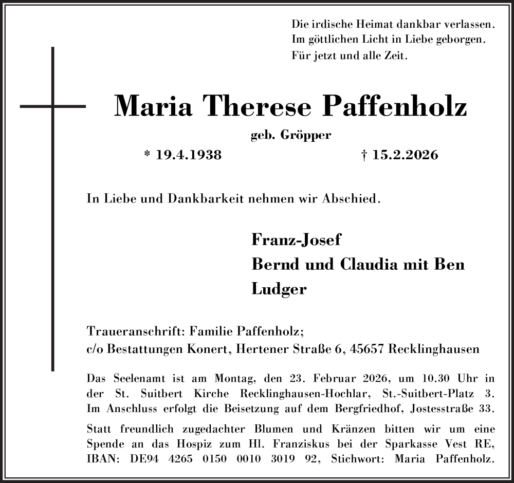  Traueranzeige für Maria Therese Paffenholz vom 18.02.2026 aus Trauer Vest