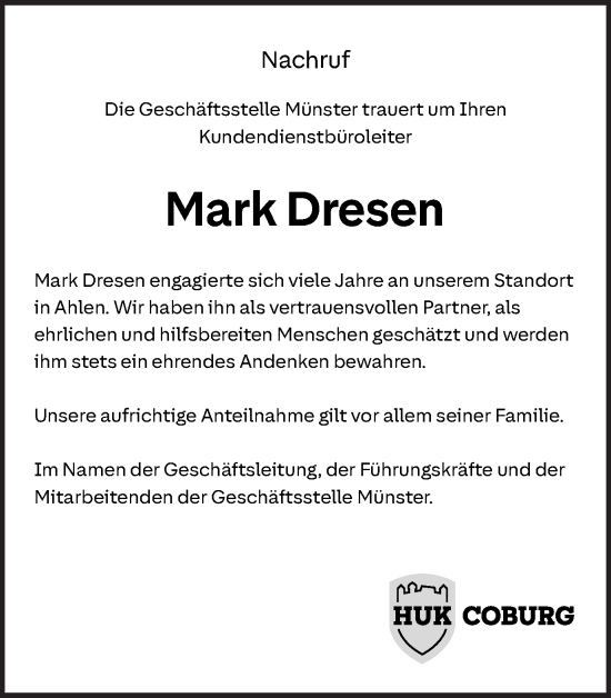 Traueranzeige von Mark Dresen von Ruhr Nachrichten