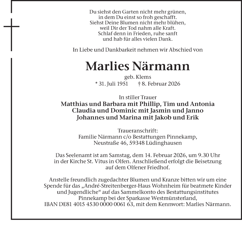  Traueranzeige für Marlies Närmann vom 11.02.2026 aus Ruhr Nachrichten
