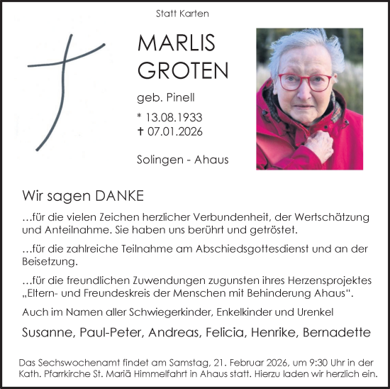 Traueranzeige von Marlis Groten von Münsterland Zeitung