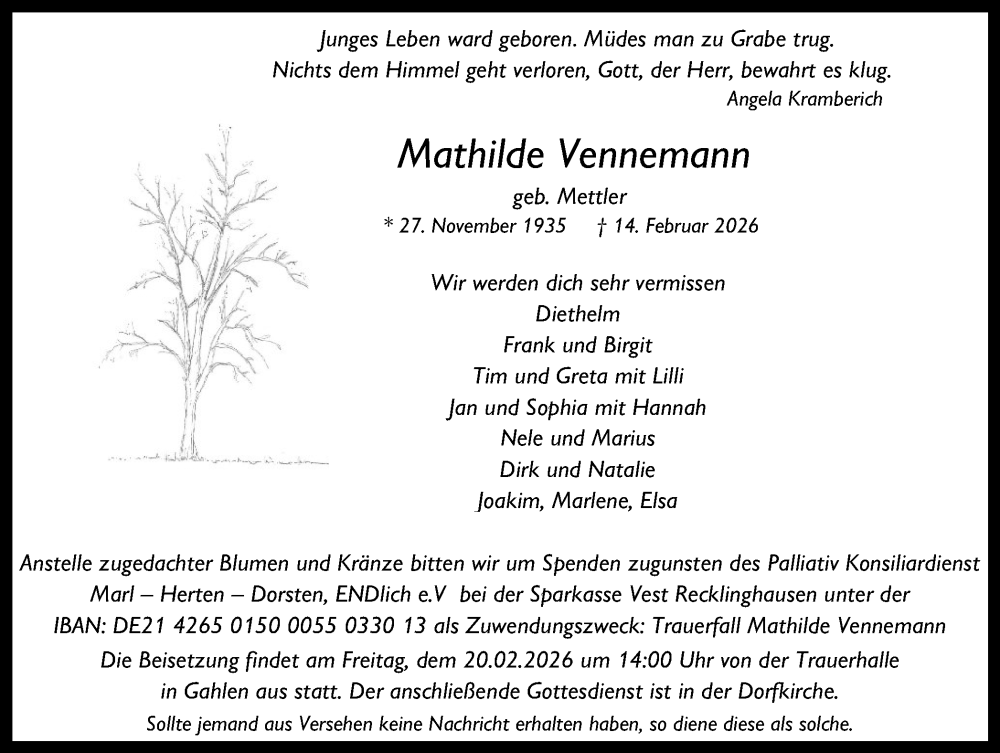  Traueranzeige für Mathilde Vennemann vom 18.02.2026 aus Ruhr Nachrichten und Dorstener Zeitung