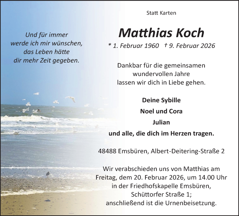  Traueranzeige für Matthias Koch vom 14.02.2026 aus Trauer Vest