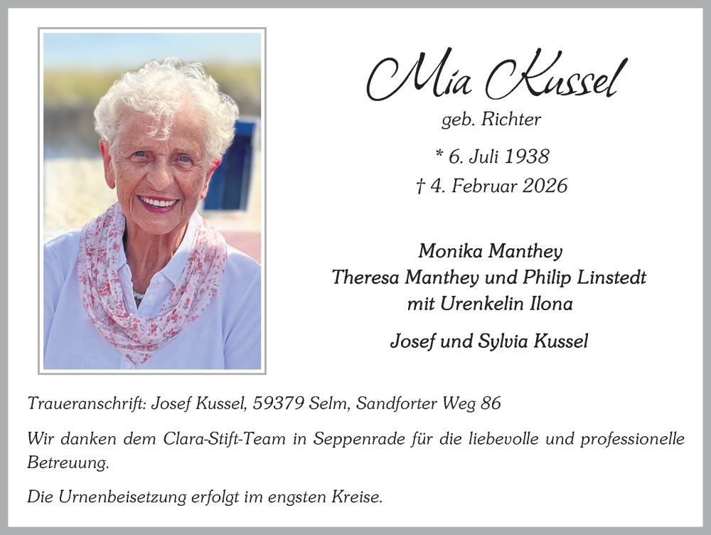  Traueranzeige für Mia Kussel vom 18.02.2026 aus Ruhr Nachrichten