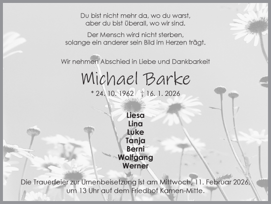 Traueranzeige von Michael Barke von Hellweger Anzeiger
