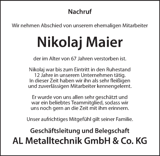 Traueranzeige von Nikolaj Maier von Münsterland Zeitung