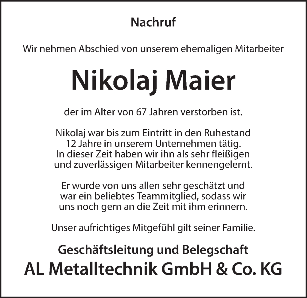  Traueranzeige für Nikolaj Maier vom 13.02.2026 aus Münsterland Zeitung