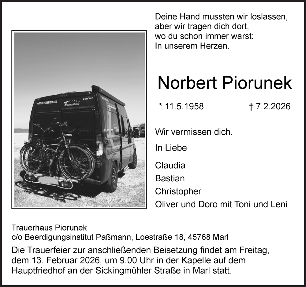  Traueranzeige für Norbert Piorunek vom 11.02.2026 aus Trauer Vest