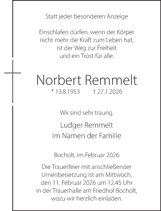 Traueranzeige von Norbert Remmelt 
