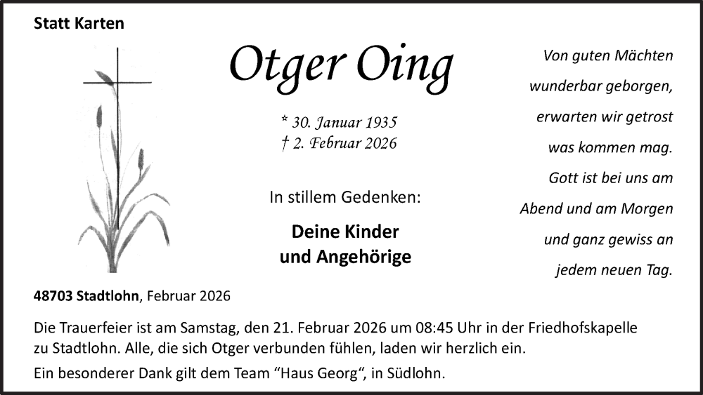  Traueranzeige für Otger Oing vom 18.02.2026 aus Münsterland Zeitung