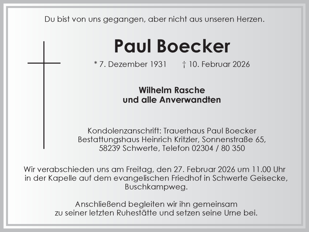  Traueranzeige für Paul Boecker vom 14.02.2026 aus Ruhr Nachrichten