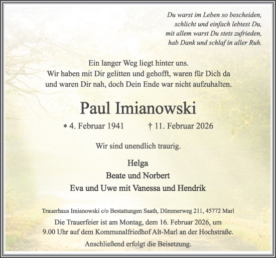 Traueranzeige von Paul Imianowski von Trauer Vest