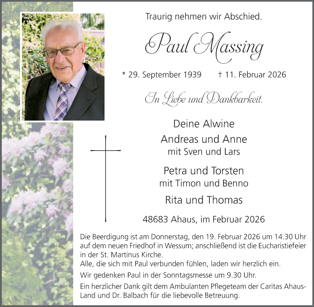  Traueranzeige für Paul Massing vom 14.02.2026 aus Münsterland Zeitung