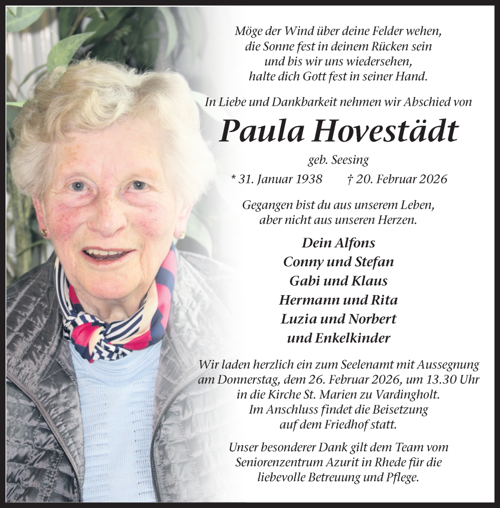  Traueranzeige für Paula Hovestädt vom 24.02.2026 aus 