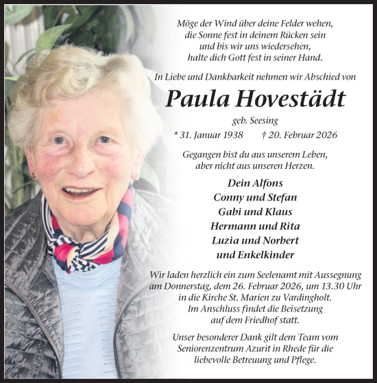 Traueranzeige von Paula Hovestädt 