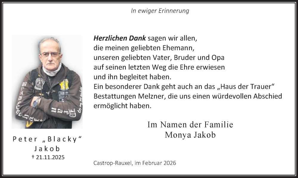  Traueranzeige für Peter Jakob vom 21.02.2026 aus Stadtanzeiger Castrop-Rauxel