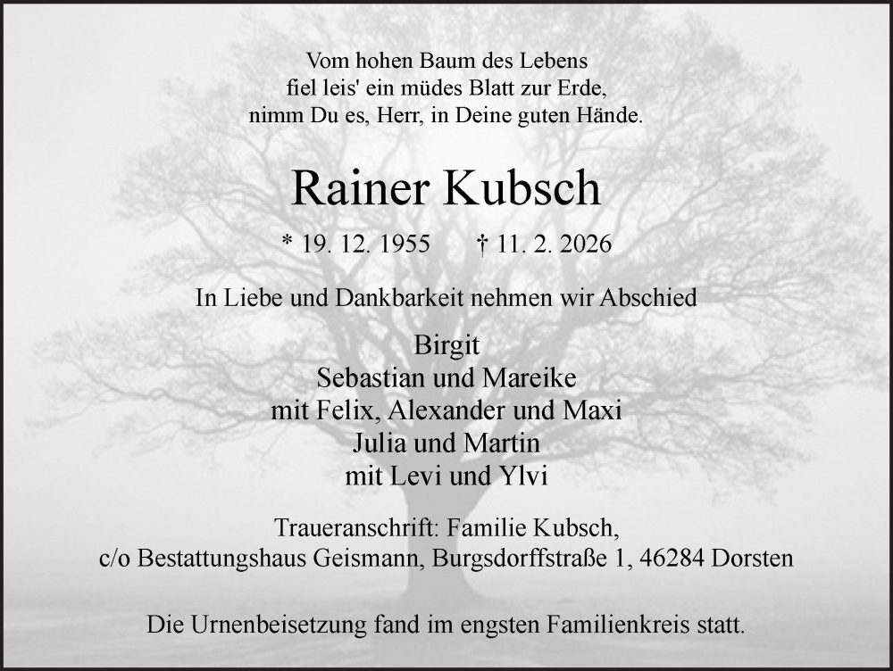  Traueranzeige für Rainer Kubsch vom 21.02.2026 aus Ruhr Nachrichten und Dorstener Zeitung