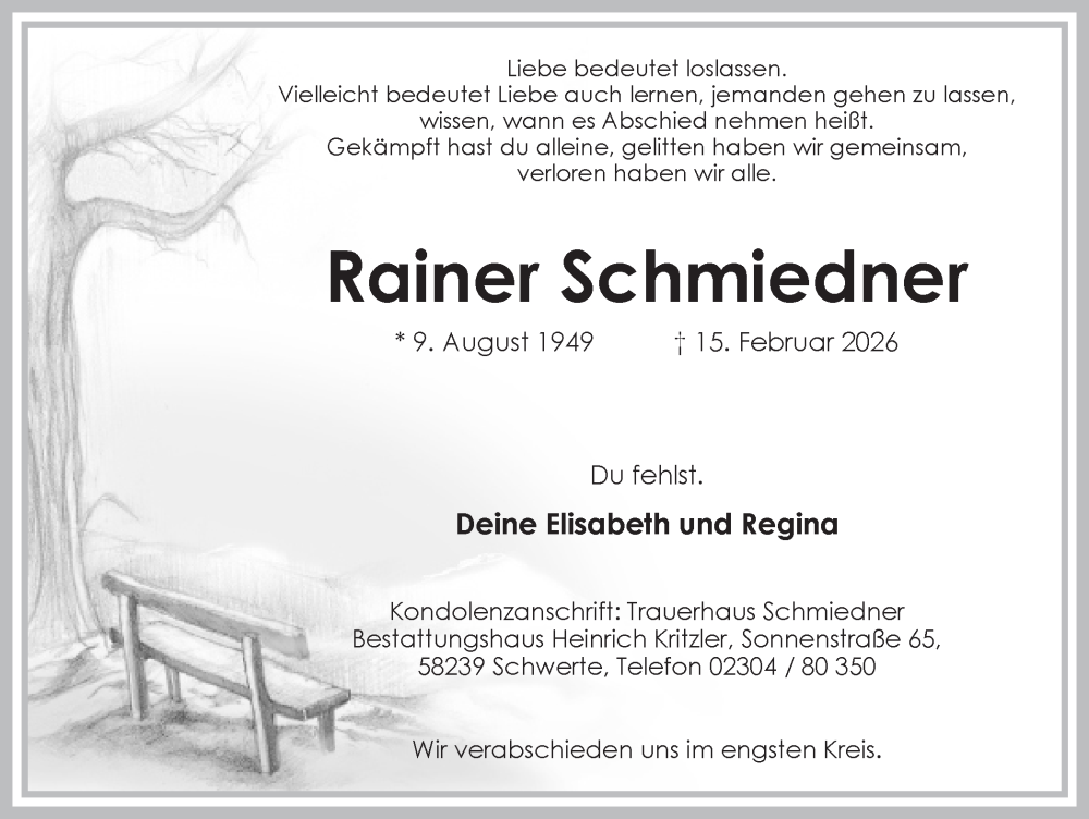  Traueranzeige für Rainer Schmiedner vom 21.02.2026 aus Ruhr Nachrichten
