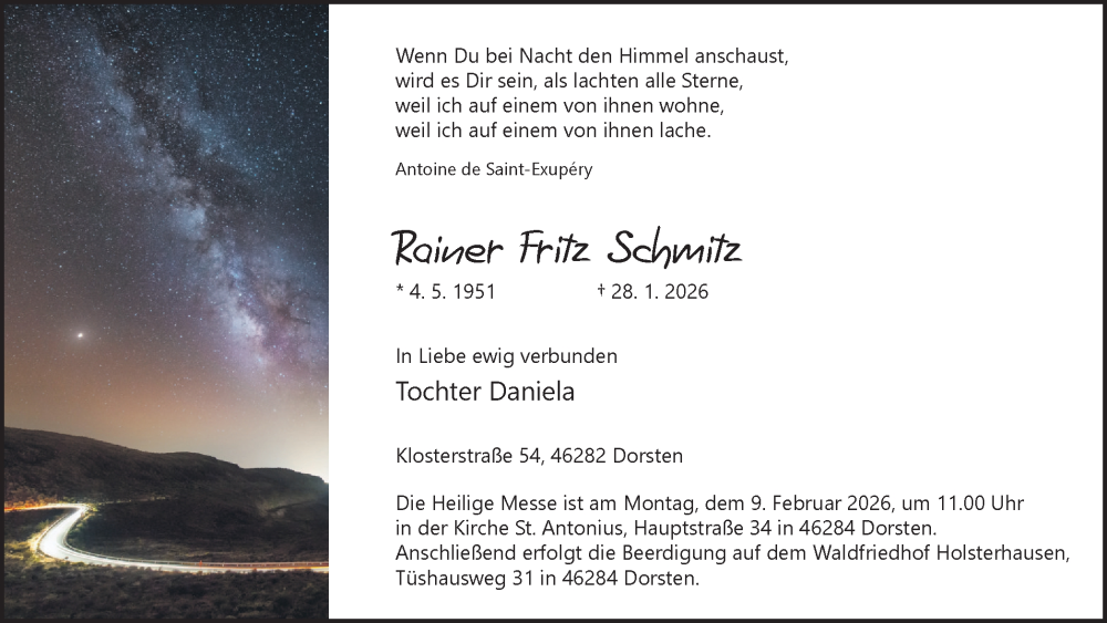  Traueranzeige für Rainer Fritz Schmitz vom 07.02.2026 aus Ruhr Nachrichten und Dorstener Zeitung