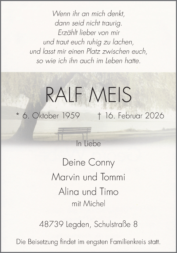  Traueranzeige für Ralf Meis vom 21.02.2026 aus Münsterland Zeitung