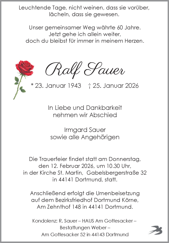  Traueranzeige für Ralf Sauer vom 07.02.2026 aus Ruhr Nachrichten
