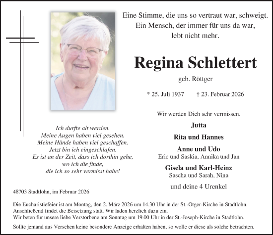 Traueranzeige von Regina Schlettert von Münsterland Zeitung