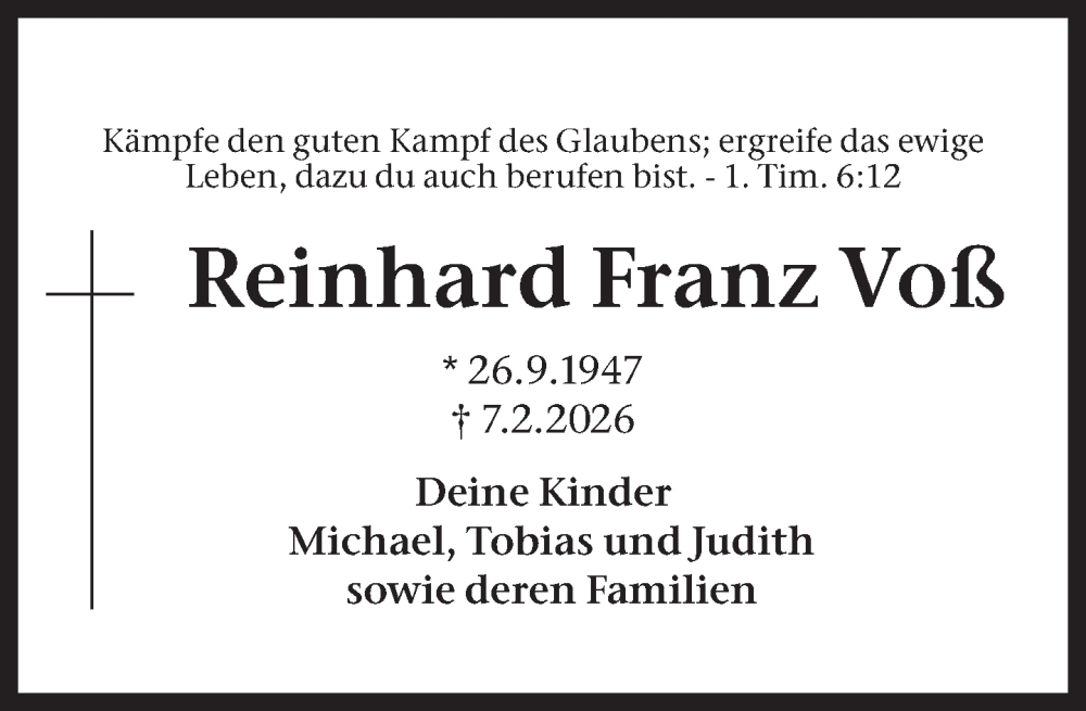  Traueranzeige für Reinhard Franz Voß vom 11.02.2026 aus 