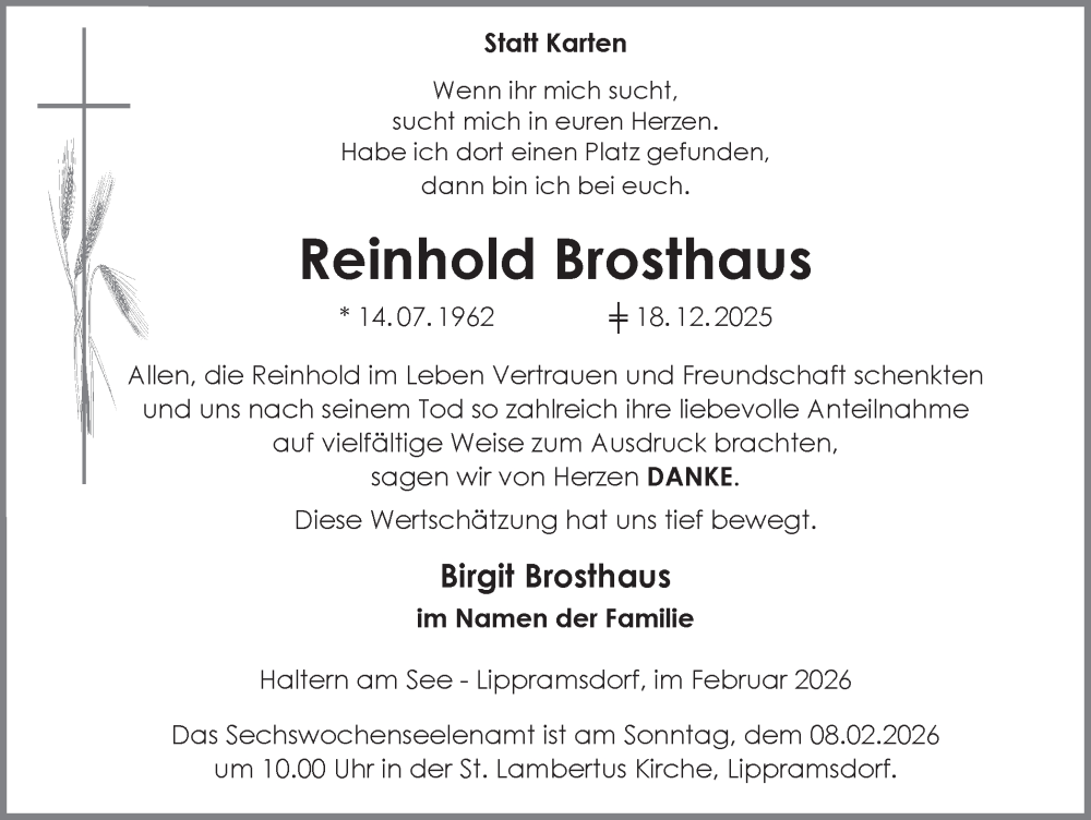  Traueranzeige für Reinhold Brosthaus vom 04.02.2026 aus Ruhr Nachrichten und Halterner Zeitung
