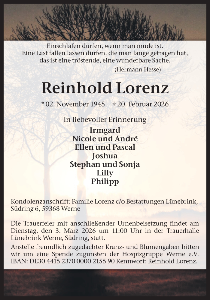  Traueranzeige für Reinhold Lorenz vom 28.02.2026 aus Ruhr Nachrichten