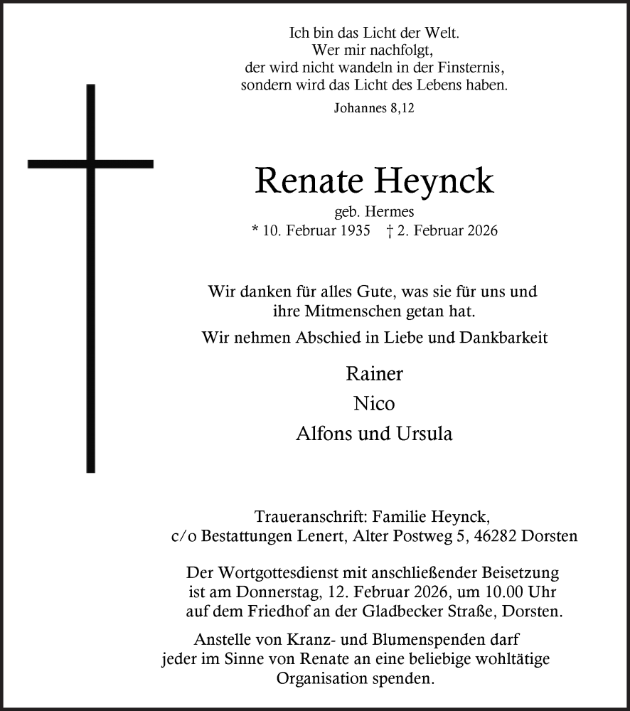  Traueranzeige für Renate Heynck vom 07.02.2026 aus Ruhr Nachrichten und Dorstener Zeitung