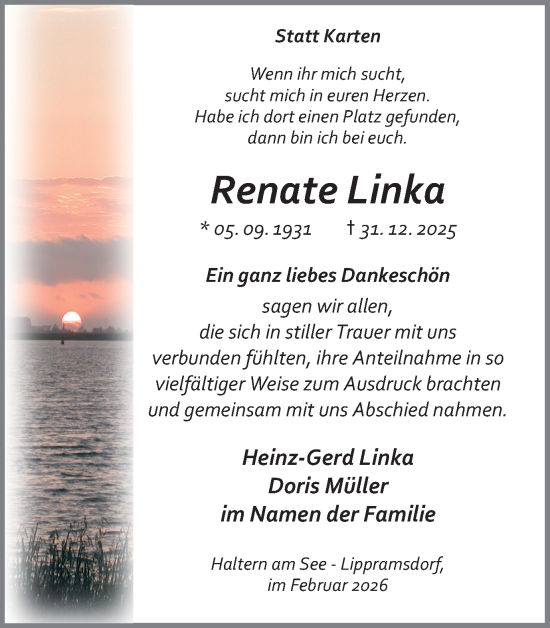 Traueranzeige von Renate Linka von Ruhr Nachrichten und Halterner Zeitung