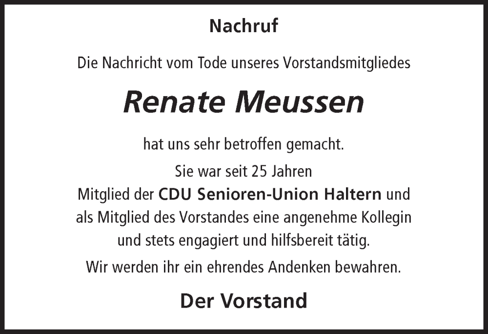  Traueranzeige für Renate Meussen vom 13.02.2026 aus Ruhr Nachrichten und Halterner Zeitung
