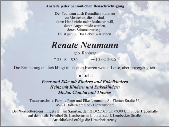 Traueranzeige von Renate Neumann von Ruhr Nachrichten und Halterner Zeitung