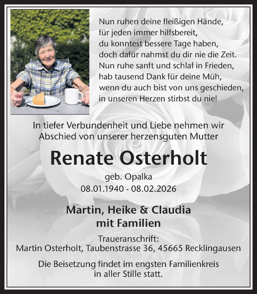  Traueranzeige für Renate Osterholt vom 14.02.2026 aus Trauer Vest