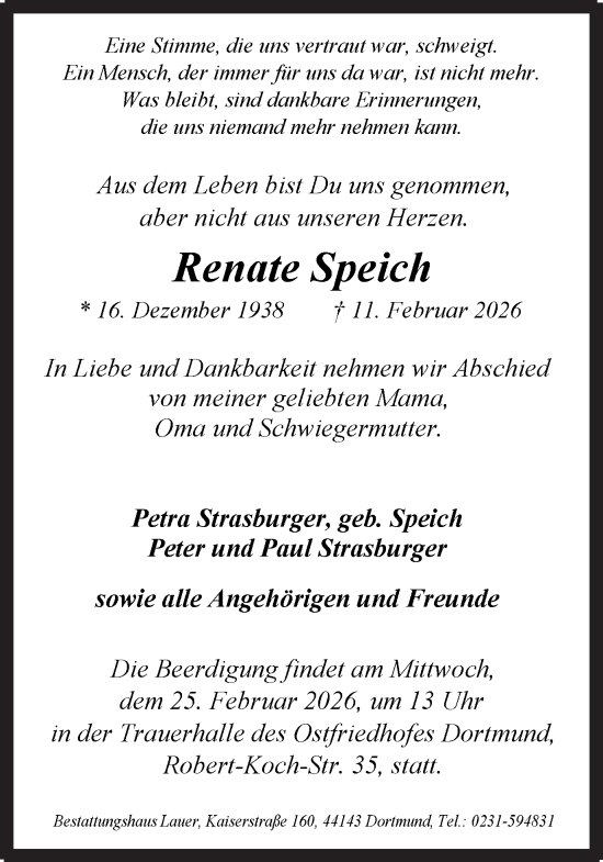 Traueranzeige von Renate Speich von Ruhr Nachrichten