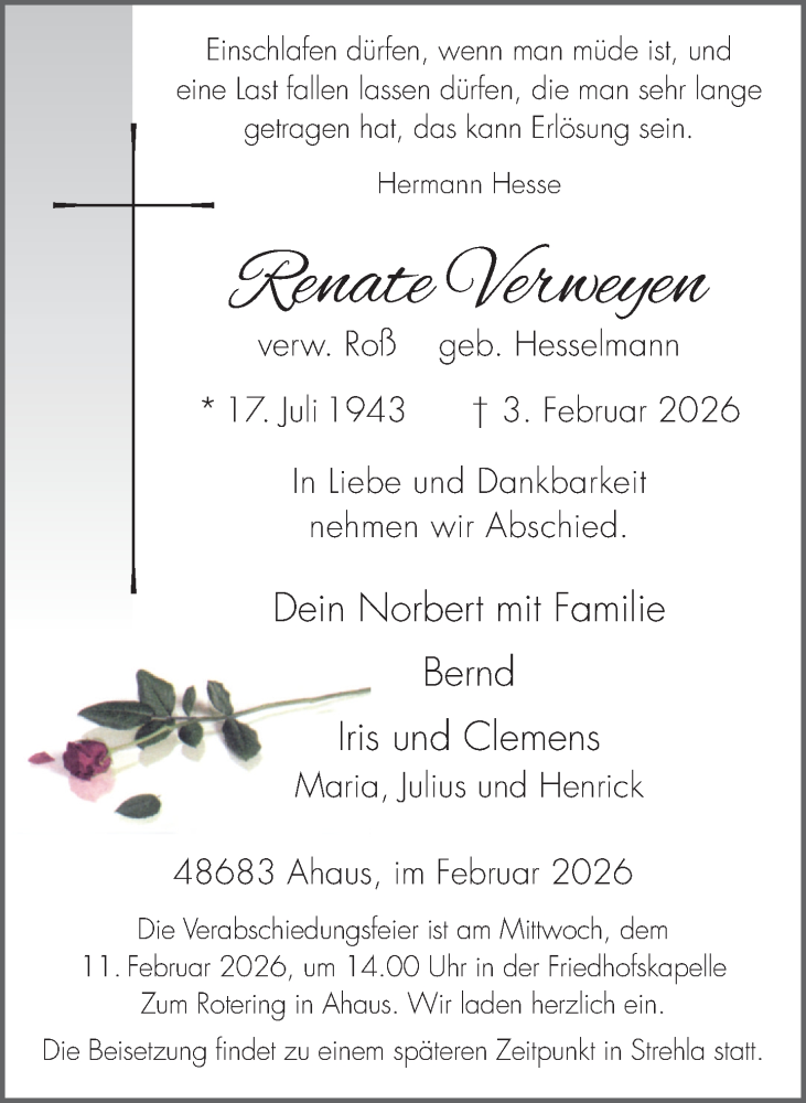  Traueranzeige für Renate Verweyen vom 07.02.2026 aus 