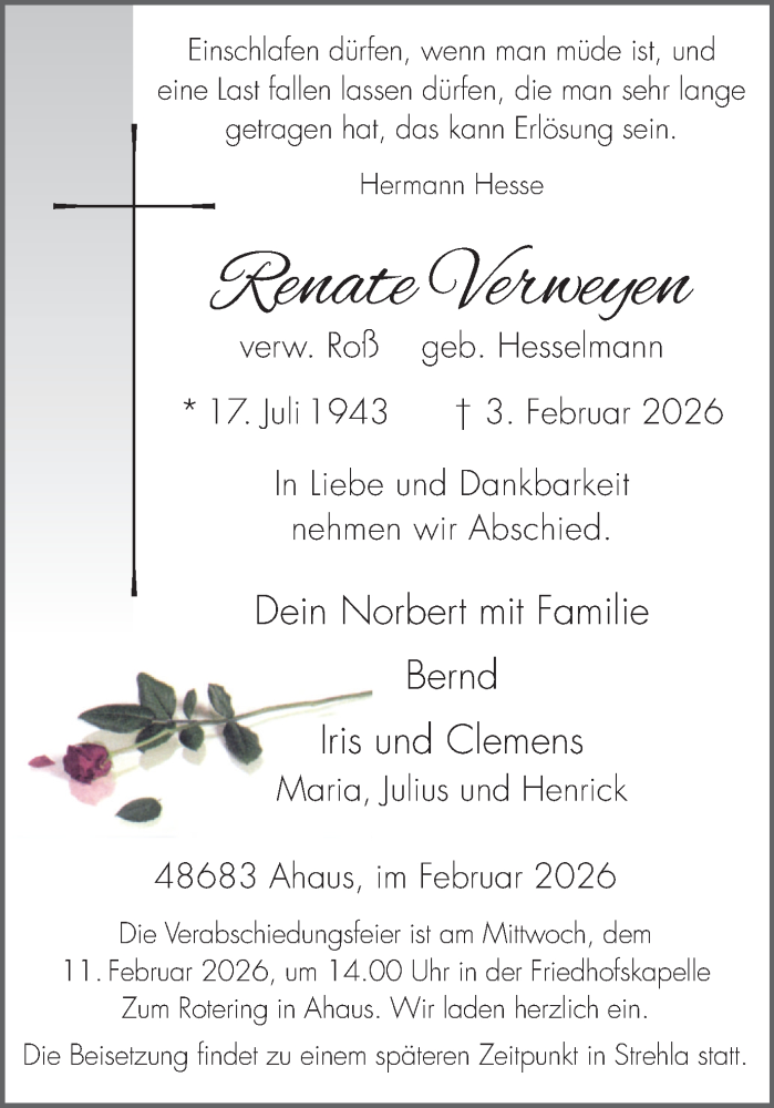  Traueranzeige für Renate Verweyen vom 07.02.2026 aus Münsterland Zeitung