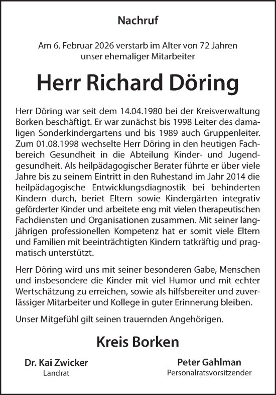 Traueranzeige von Richard Döring von Münsterland Zeitung