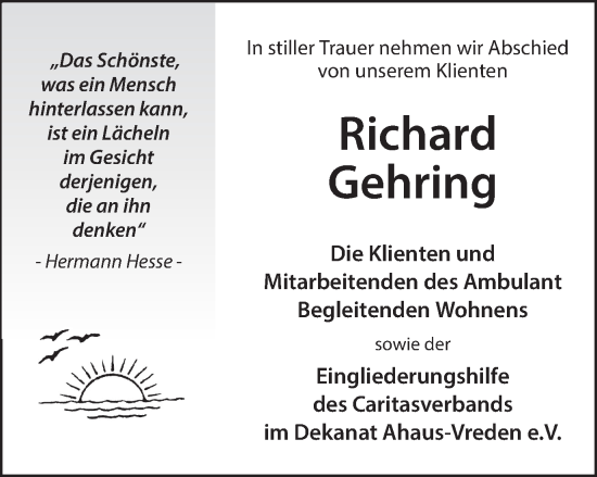 Traueranzeige von Richard Gehring von Münsterland Zeitung