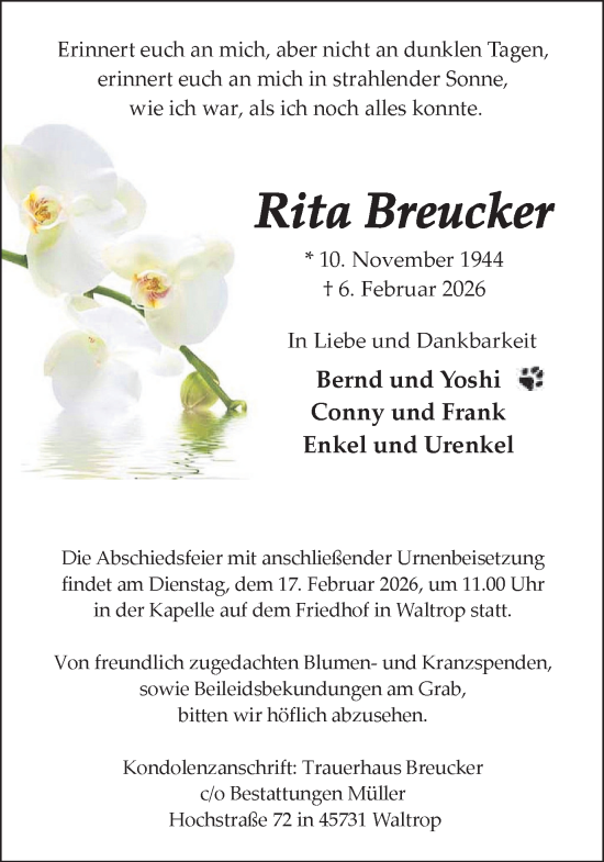 Traueranzeige von Rita Breucker von Trauer Vest