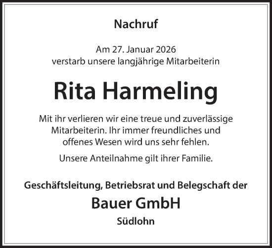 Traueranzeige von Rita Harmeling von Münsterland Zeitung