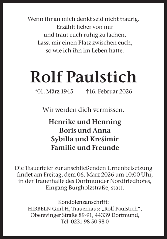 Traueranzeige von Rolf Paulstich von Ruhr Nachrichten