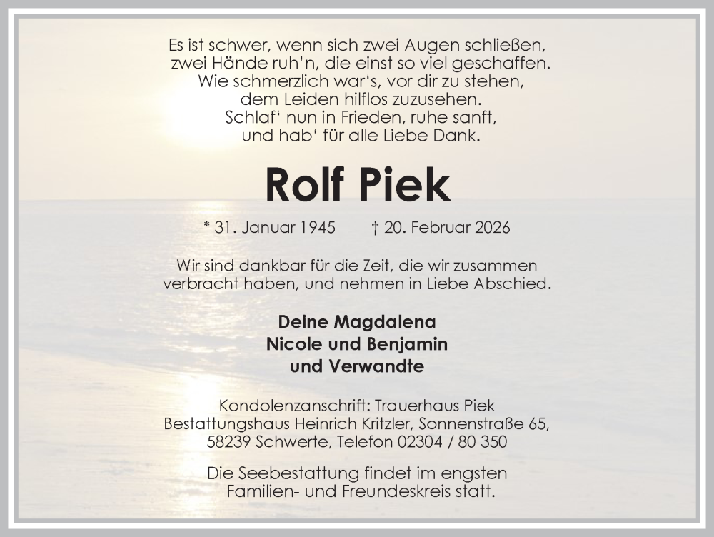  Traueranzeige für Rolf Piek vom 28.02.2026 aus Ruhr Nachrichten