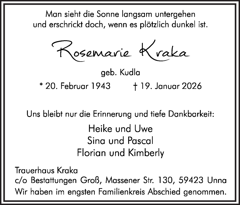  Traueranzeige für Rosemarie Kraka vom 21.02.2026 aus Hellweger Anzeiger
